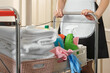 Young chambermaid with cart and cleaning products in hotel, closeup
