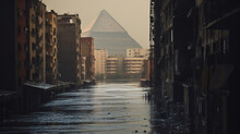 Cairo Is Flooded Due To Global Warming And Rising Sea Levels. Against The Background Of The Destroyed Cairo - The Great Pyramid Of Giza.