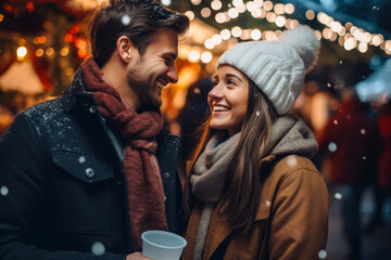 A young cheerful couple having a walk with hot drinks, dressed warm, looking at each other and laughing, snowflakes all around. Enjoying Christmas Market