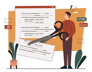 Wall Mural - man with code fragments concept. young guy with scissors fixes programs, software and applications. 