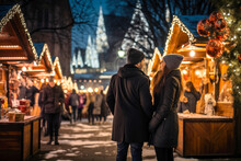 Enjoying Christmas Market, With Young Couple Cheering, With Blurred People In The Background
