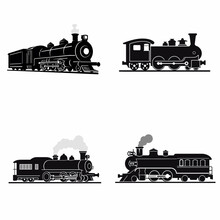 Simple 2d Black Silhouette Vintage , Black Accents, Flat, Sharper, White Background, Vector , Train