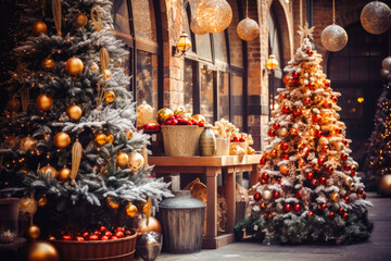 Christmas decoration tree in the shop, winter street market