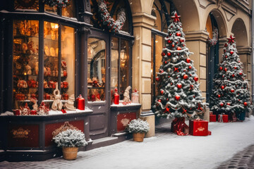 Christmas trees and decoration in front of the shop, winter street market, with no people