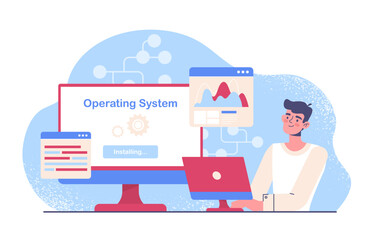 Operating system concept. Man behind laptop updates computer, downloads and uploads files. IT specialist and programmer at workplace. Program and software. Cartoon flat vector illustration