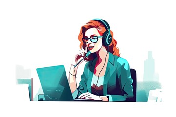 illustration, young customer service representative working in front of a computer, minimalist on a white background. generative ai