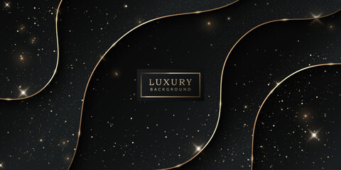 Luxury Black Abstract Background with Gold Line Elements, Light Rays, and Bokeh Effect Decoration.