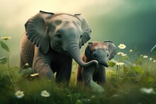 Two Cute Little Baby Elephants. Ai Generative