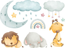 Watercolor Illustration Set Of Sleep Baby Safari Animals With Moon, Stars, Cloud And Rainbow