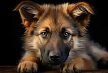 German Shepherd Puppy Laying On A Table Against A Dark Backdrop