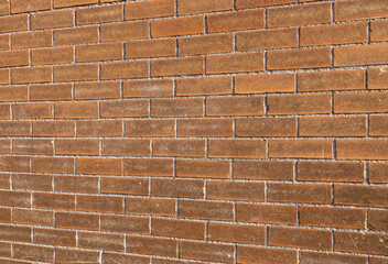 Canvas Print - Full frame texture background of a grungy antique orangish brown brick wall in a running bond brickwork style (angle view)