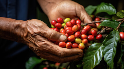 Wall Mural - Arabica coffee berries with agriculturist hands Robusta and arabica coffee berries with agriculturist hands, Coffee plantation in Asia