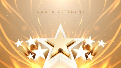 Wall Mural - 3d elegant golden star element with fire effect and glitter light effect decoration. Luxury award ceremony background design concept.