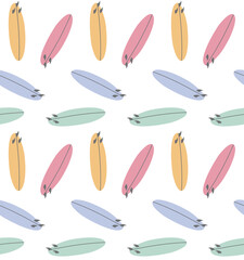 Canvas Print - Vector seamless pattern of different color hand drawn flat surfboard isolated on white background