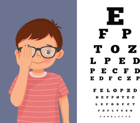 Cute little boy with eyeglasses cover his eye having vision test reading block letters at ophthalmologist office