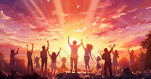 Illustration Of Silhouette Of Family And Friends Holding Hand And Arms Raise In Triumph At Sunrise