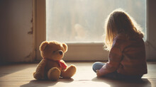 Unhappy Cute Little Girl Sitting With A Teddy Bear.Stressed , Sad And Unhappy Child.