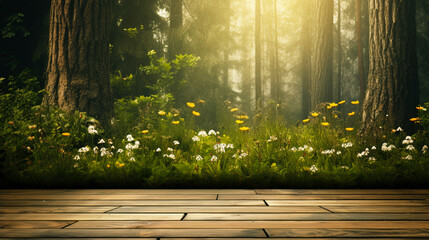 Wooden podium or stage for product presentation. Banner with wood floor on forest background. Copy space. Generative AI