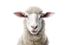 White Fluffy Sheep Farm Portrait Looking At Camera Isolated On Clear Png Background, Funny Moment, Farmland Animals Concept, With Generative Ai.