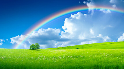 Banner with green grass field with blue sky background. Rainbow. Generative AI