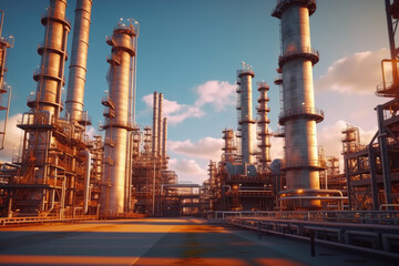 Wall Mural - Aerial top view of factory station, oil fuel storage tank, petroleum refinery, manufactory, industrial process plant oil refinery for energy with Generative AI.