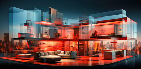 Wall Mural - Modern interior design project in red, generative ai