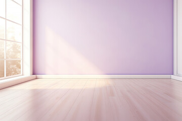 Minimal interior empty room with blank wall and floor with natural sun light cast shadow of window, cozy tone style background, copy space for mock-up, with Generative Ai.