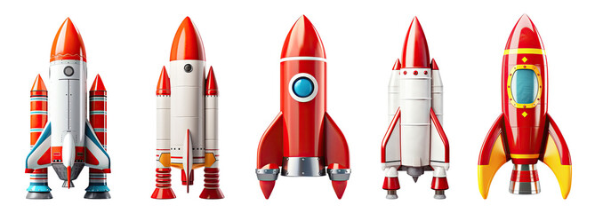 set of space rockets isolated on white background