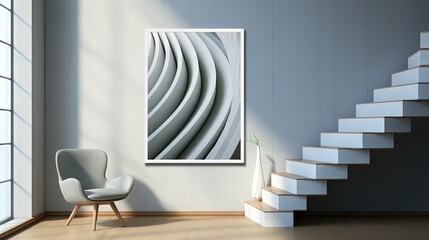 Wall Mural -  a white chair sitting in a room next to a stair case.  generative ai