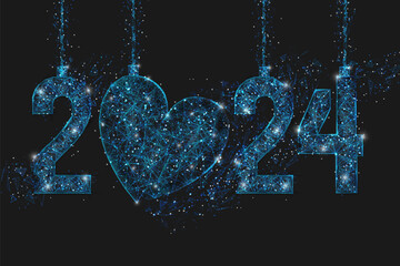 Abstract isolated blue image of new year number 2024. Polygonal low poly wireframe illustration looks like stars in the blask night sky in spase or flying glass shards. Digital web, internet design.