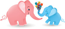 Digital Png Illustration Of Pink And Blue Elephants With Flowers On Transparent Background
