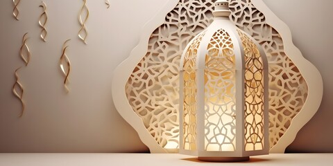 Wall Mural - Arabic islamic elegant white and golden luxury ornamental background with decorative lantern, Generative ai