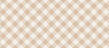 Diagonal Gingham Seamless Pattern. Beige And White Vichy Background Texture. Checkered Tweed Plaid Repeating Wallpaper. Natural Nude Fabric And Textile Swatch Design. Vector Backdrop 