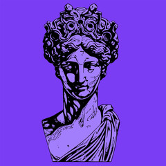 Purple antique statue head of greek sculpture sketch engraving style vector illustration.