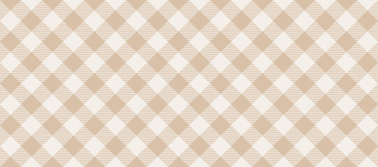 Diagonal gingham seamless pattern. Beige and white vichy background texture. Checkered tweed plaid repeating wallpaper. Natural nude fabric and textile swatch design. Vector backdrop 