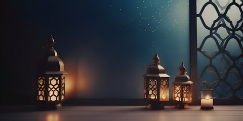 Wall Mural - islamic golden lantern on dark background, eid mubarak, Eid al Adha, AI Generated