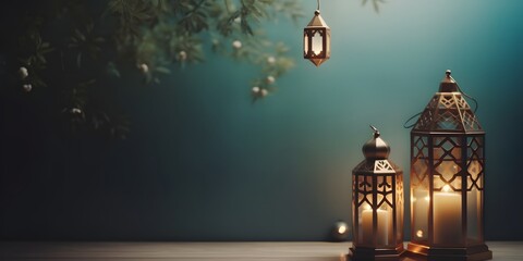 Wall Mural - islamic golden lantern on dark background, eid mubarak, Eid al Adha, AI Generated