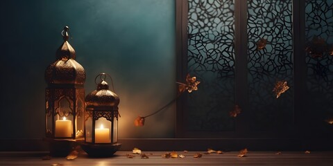 Wall Mural - islamic golden lantern on dark background, eid mubarak, Eid al Adha, AI Generated