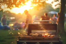 Outdoor Grill Barbeque With Blurred People In Background. Party And Leisure Concept.