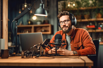 Young vlogger recording a podcast or Youtube video in front of the camera