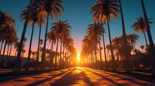 A Pathway Lined With Palm Trees At Sunset