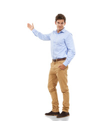 Presentation, pointing and portrait of business man on isolated, png and transparent background. Advertising, professional and male person with hand gesture for promotion, information and showing