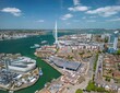 The drone aerial view of Portsmouth Harbour. Portsmouth is a port city and unitary authority in Hampshire, England.
