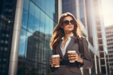 Beautiful Business Woman Holding A Cup Of To Go Coffee In A Suit With Office Buildings In The Background