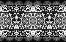 White Vintage Lace Crochet Pattern. Damask Classic Lace Pattern With Floral And Dotted Ornament In Victorian Style. Black Polka Dotted Background Vector Lace. Mandala