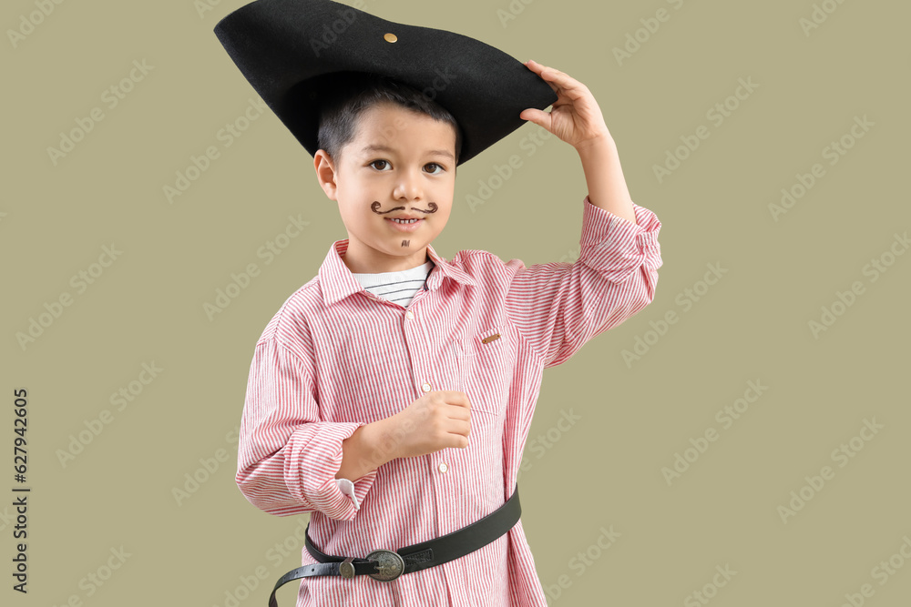 Cute little pirate on green background