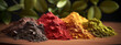 Powdered natural food colors obtained from vegetable raw materials, vegetables, fruits to give a natural color to confectionery or sweeteners. Generative AI content.