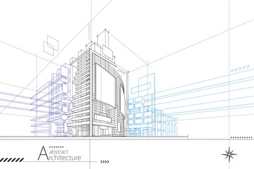 Aufkleber - 3D illustration abstract modern urban building out-line drawing of imagination architecture building construction perspective design. 