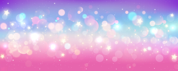 rainbow unicorn background. pastel glitter pink fantasy galaxy. magic mermaid sky with bokeh. hologr