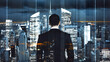 © May Thawtar - Double exposure image of businessman and city with skyscrapers.
